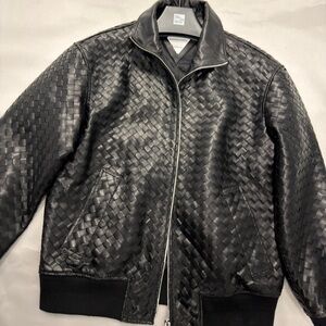 Bottega Veneta Black Intrecciato Leather Blouson Bomber Jacket